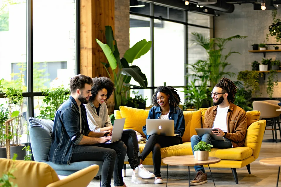 Small team working collaboratively in a bright modern Austin office space with warm wooden accents and green plants