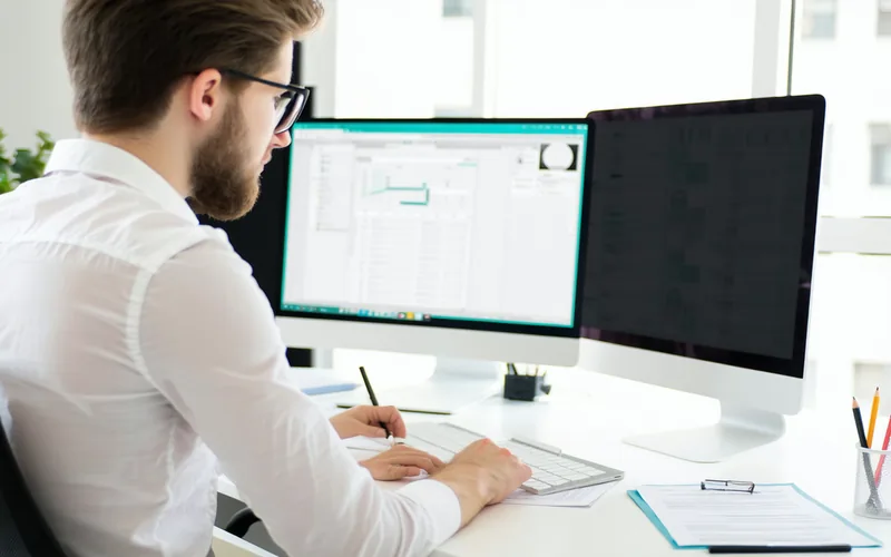 Adult at a standing desk with multiple screens, focused and productive home office environment