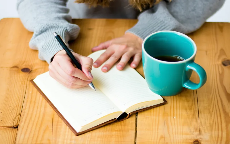 Person in a calm state, taking notes in a journal, natural light environment