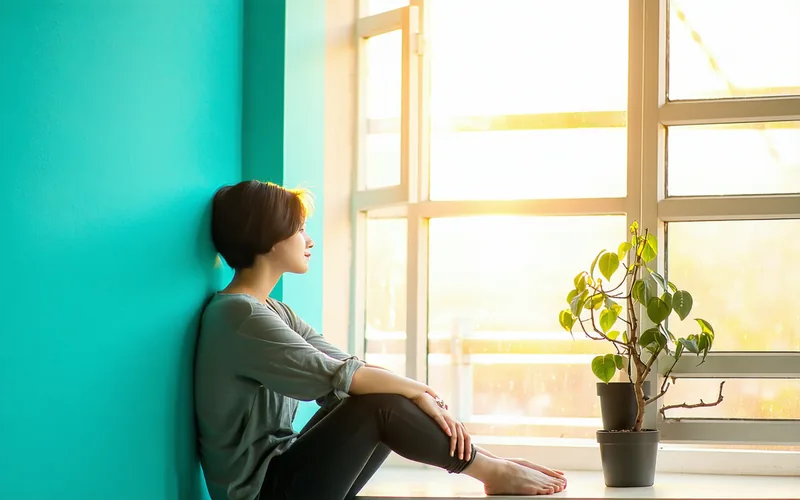 Person sitting by a window looking thoughtful but hopeful, warm morning light