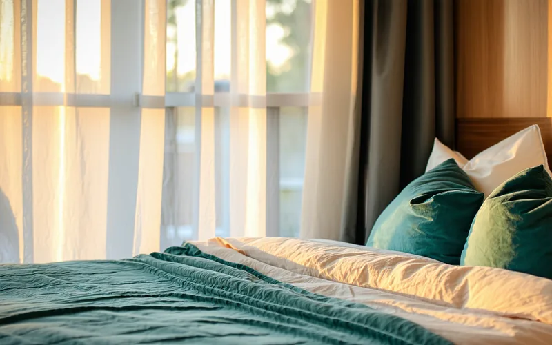 Peaceful bedroom scene with soft dawn light, representing restful sleep and mental wellbeing