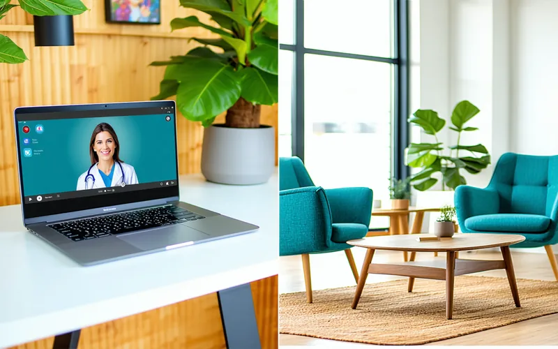 Side-by-side concept showing a laptop for telehealth and a warm clinic waiting room, representing patient choice