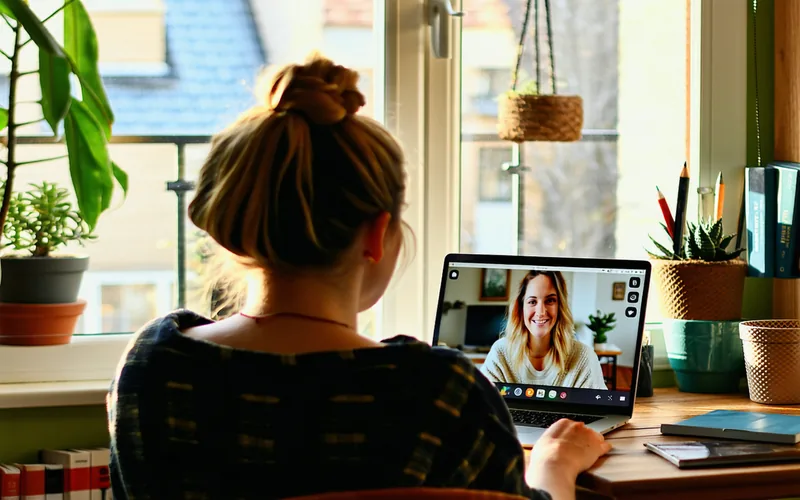 Person with laptop on video call in a cozy home office — telehealth psychiatry illustration