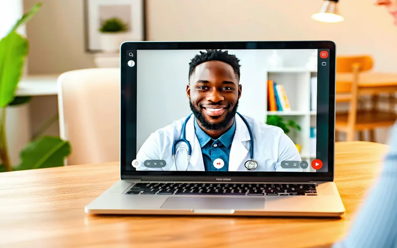 Friendly psychiatrist smiling during a telehealth video call session, warm professional setting