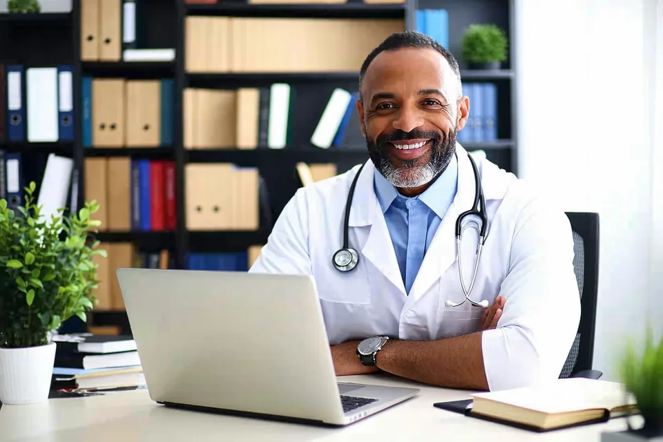 Professional psychiatrist or nurse practitioner at a home office desk with a laptop, looking engaged and satisfied with their work