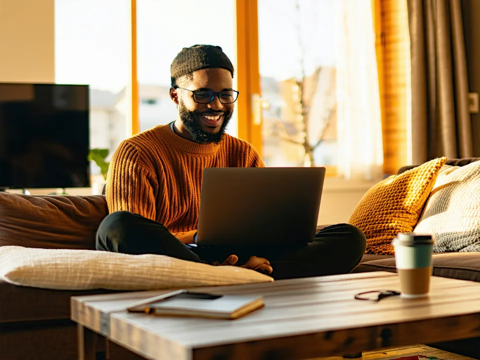 Person sitting on a comfortable couch in a warm, naturally lit living room, participating in a video call on a laptop, looking calm and engaged