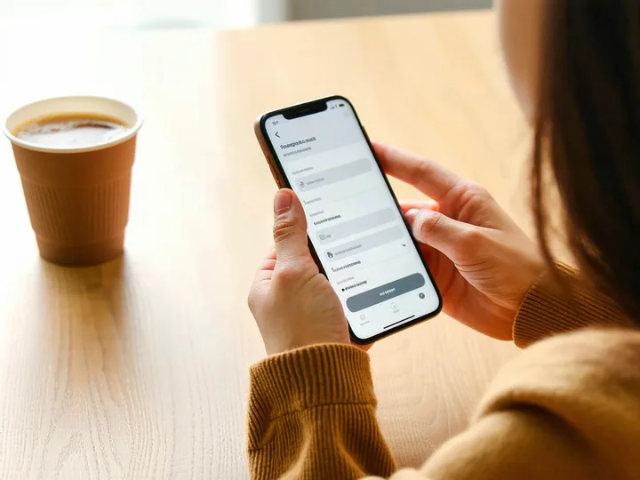 Person on a smartphone filling out an online form, sitting at a kitchen table with a cup of coffee
