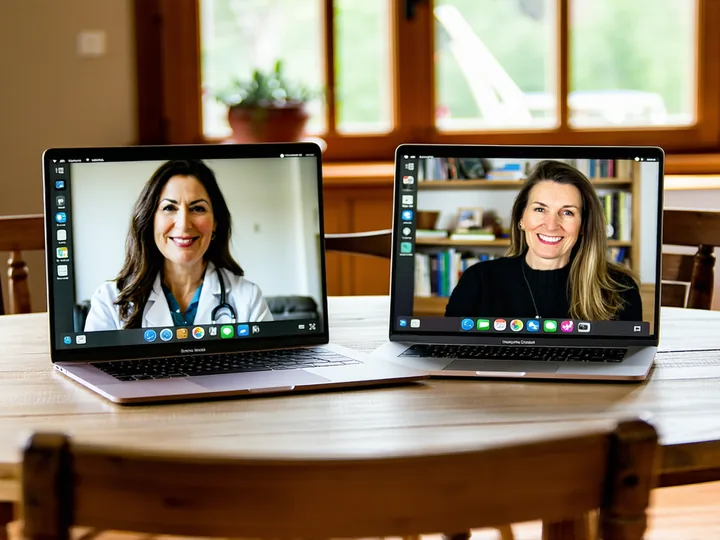 Split-view showing a patient and a psychiatrist both on a video call on their respective screens, warm home environments